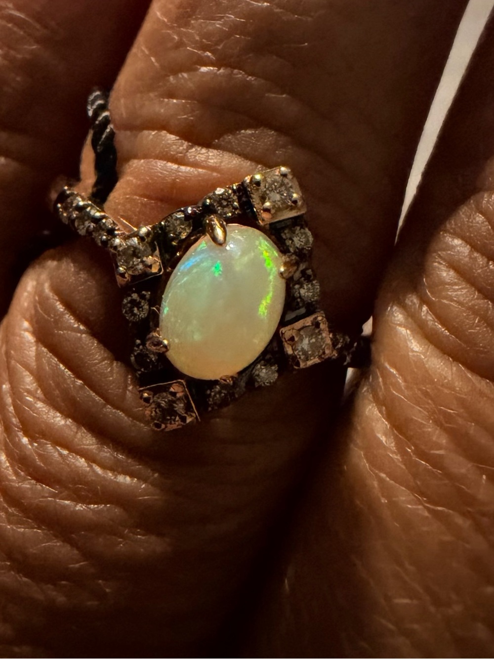 Levian Opal Ring with Green-Blue Play and Diamond Halo